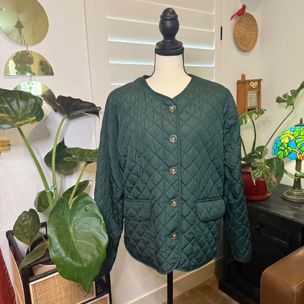 Y2K Croft & Barrow Forest Green Quilted Jacket Tortoiseshell Buttons Size M